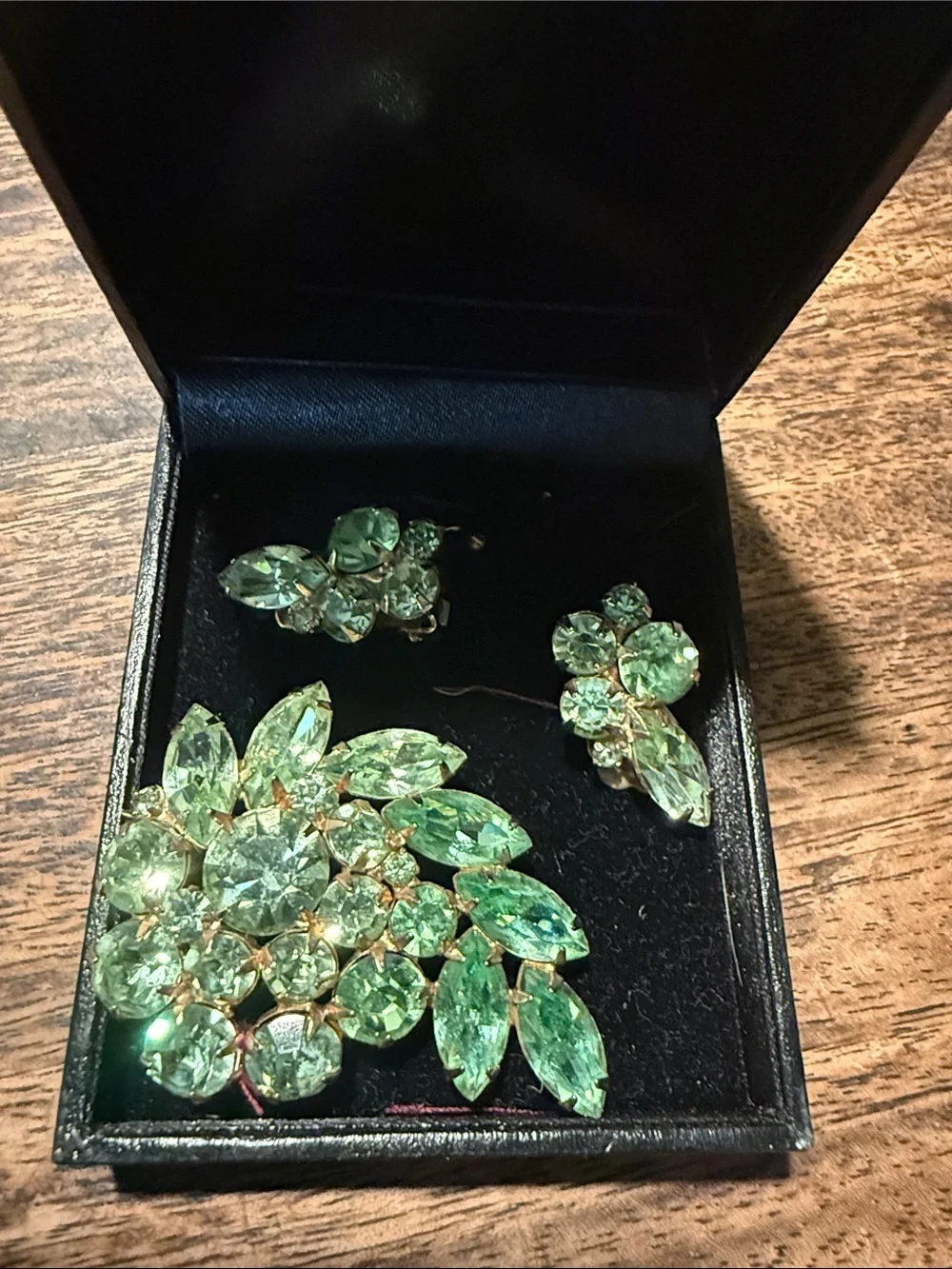 Signed WEISS Vintage Peridot Green Rhinestone Brooch & Clip Earrings Set